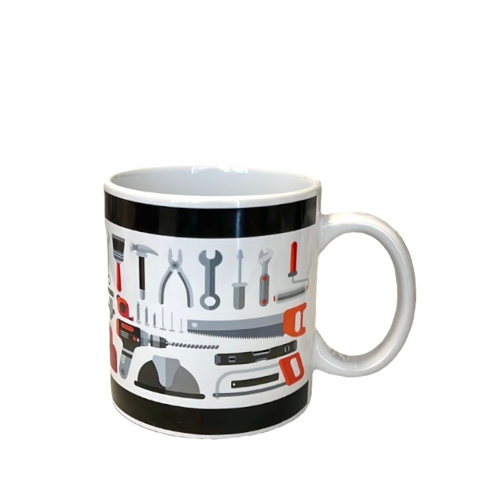 Oversized Handyman Tools Coffee Mug – Black, White & Red Ceramic